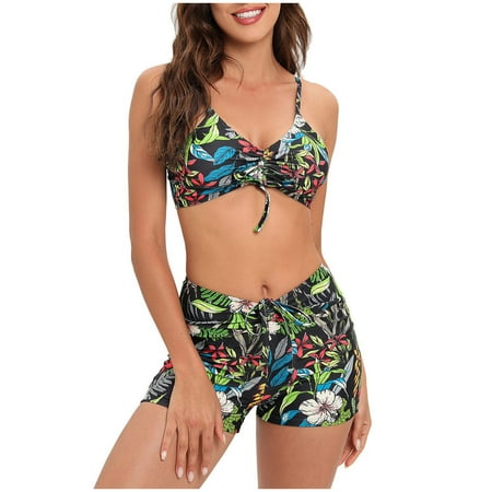 

Underwear For Women Clearance AXXD Ladies Flower Print Minimalistic Drawstring Vest Boxer Brief Swimsuit Suit Green 10