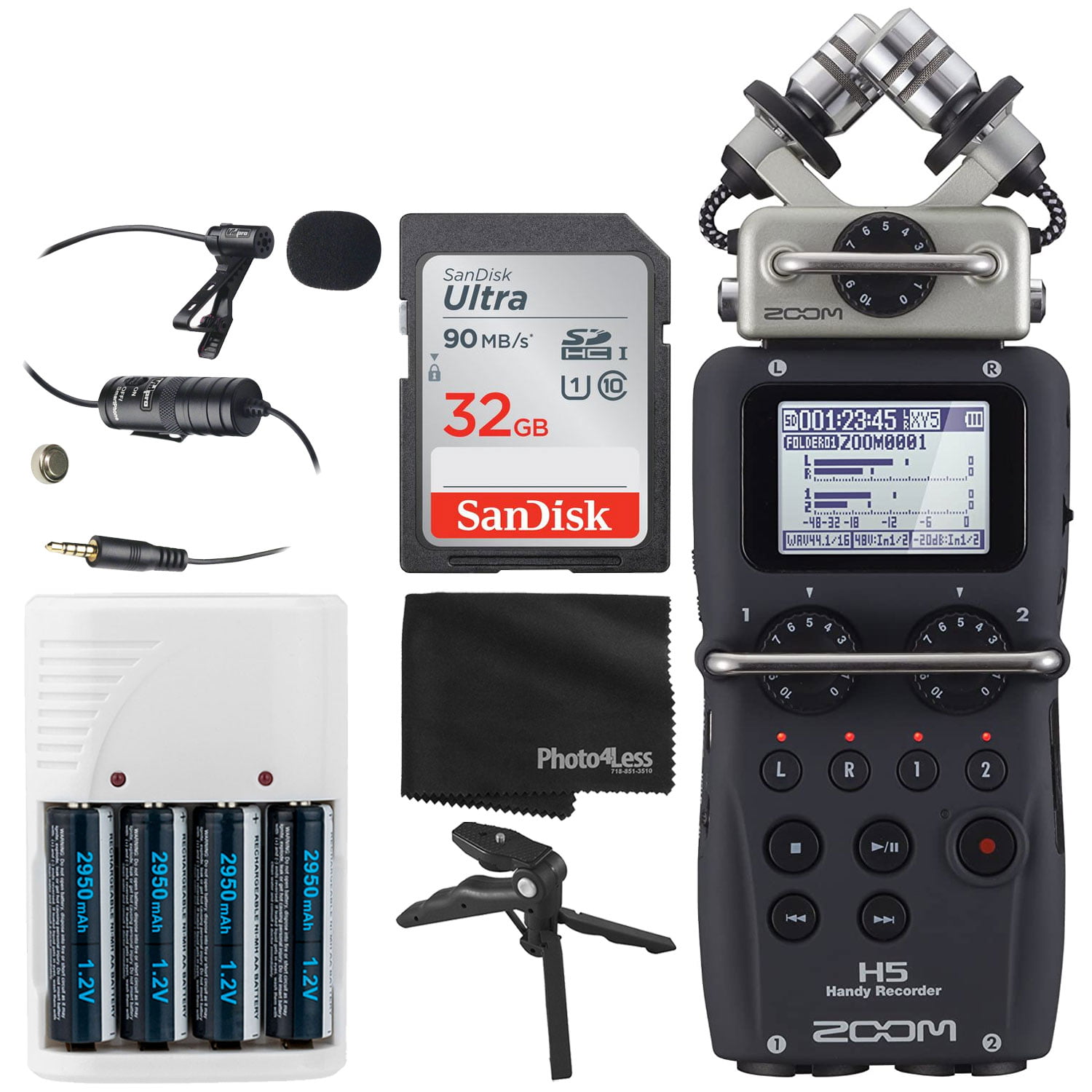 4 AA Batteries & Charger Tabletop Tripod/Handgrip Zoom H5 4-Input / 4-Track Portable Handy Recorder with Interchangeable X/Y Mic Capsule 32GB Memory Card Lavalier Condenser Microphone 