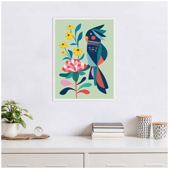Kate and Laurel Floral Cockatoo Framed Canvas Wall Art by Rachel Lee 18 x 24 Sylvie White, Modern, Abstract, Animals Art for Wall Decor, Living Room, Bedroom