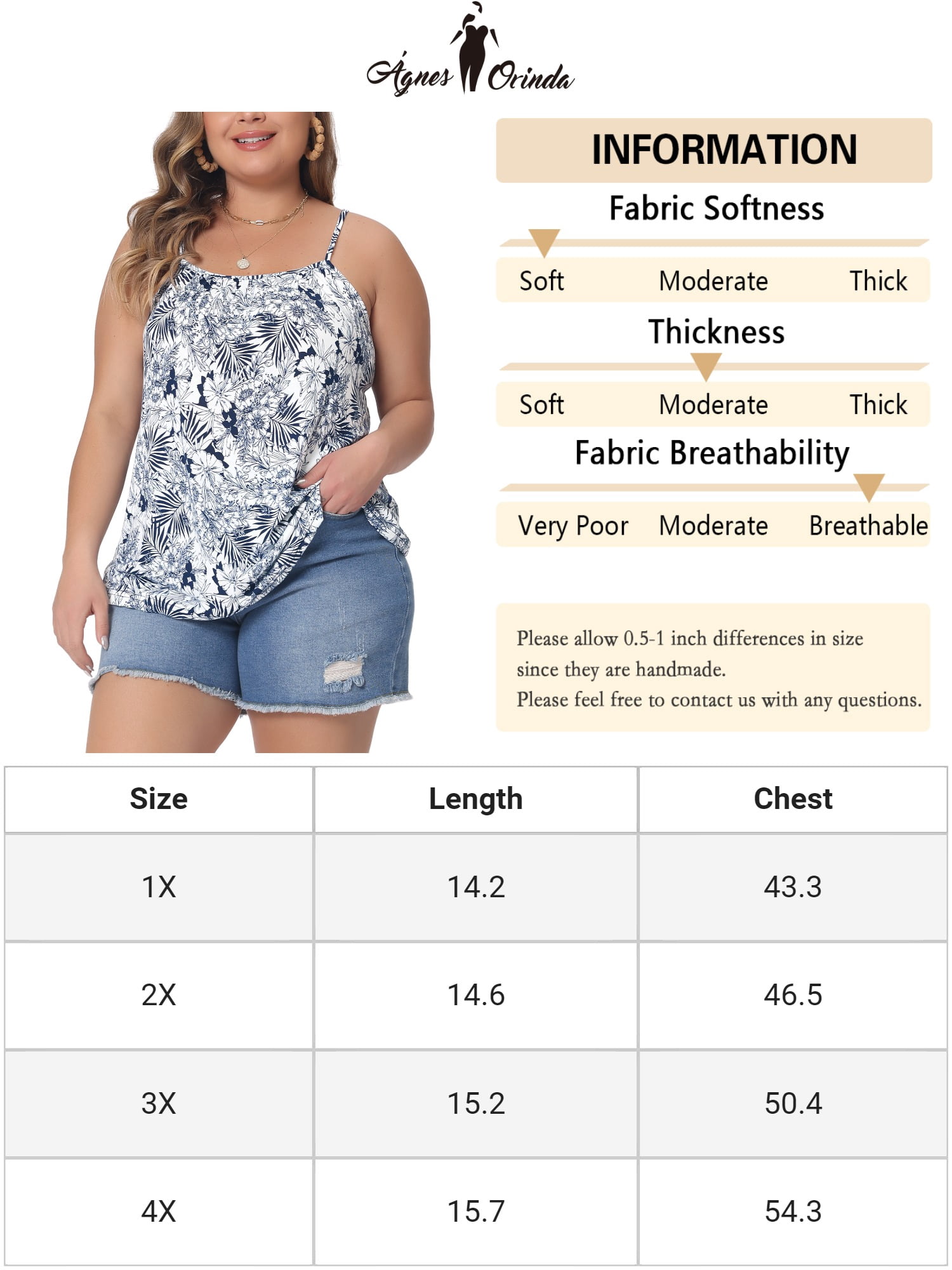 DARING DIVA Women's Plus Boho Floral Loose Spaghetti Strap Cami Top 2X Navy Blue