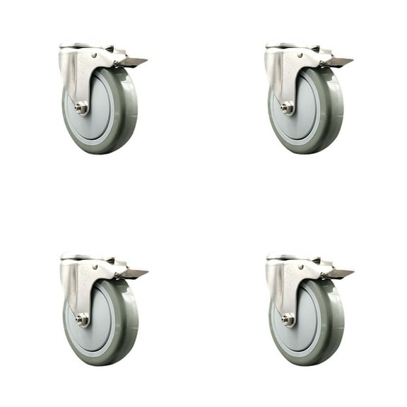 5 Inch 316SS Gray Polyurethane Swivel Bolt Hole Caster Set with Lock Brake SCC