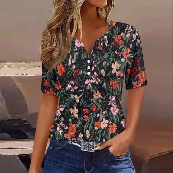 SYMOID Womens Floral Print Short Sleeve V - Neck Button - Up Casual Fashion Blouse for Daily and Home Wear,Black,Size M