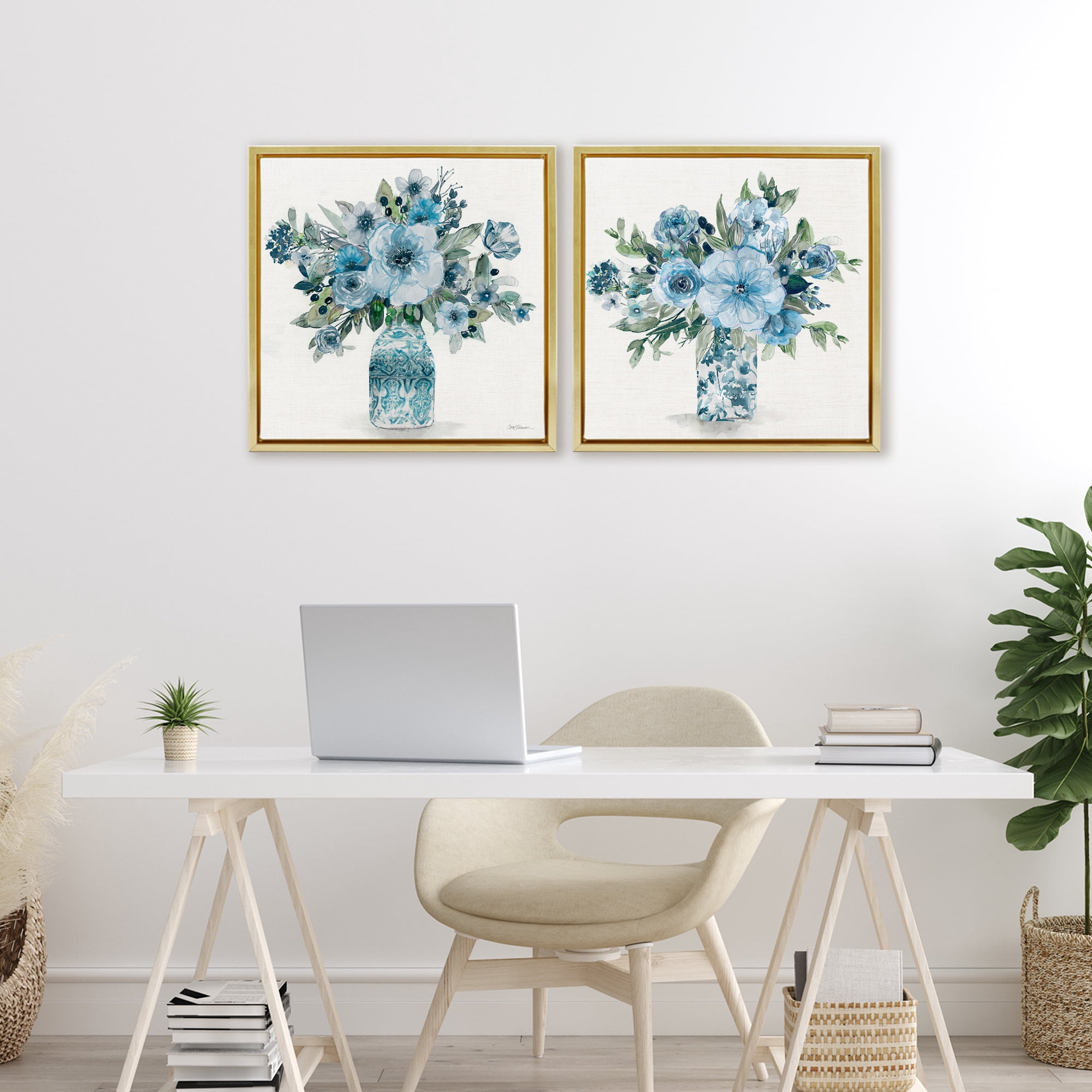 Stupell Industries Pastel Blue Floral Vase Arrangements 2 Piece Gold Framed Floater Canvas Set, design by Carol Robinson