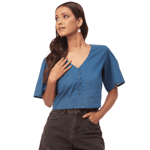 Moomaya Women's Printed Summer Top, V-Neck Button Down Short Sleeves Cotton Top