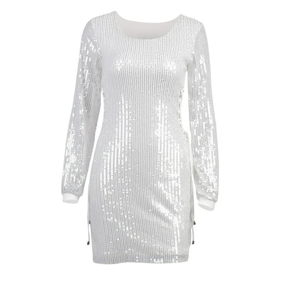 hirigin Women's Bodycon Mini Dress, Sparkle Sequin Long Sleeve Side Cross Tie-up Club Dress