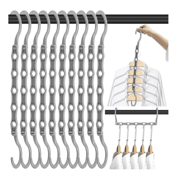 10 PCS Space Saving Hangers, 5-Hole Magic Hangers - Sturdy Plastic Hanger, Closet Organizers for Clothes Storage, College Dorm Essentials, Home Organization (Gray)