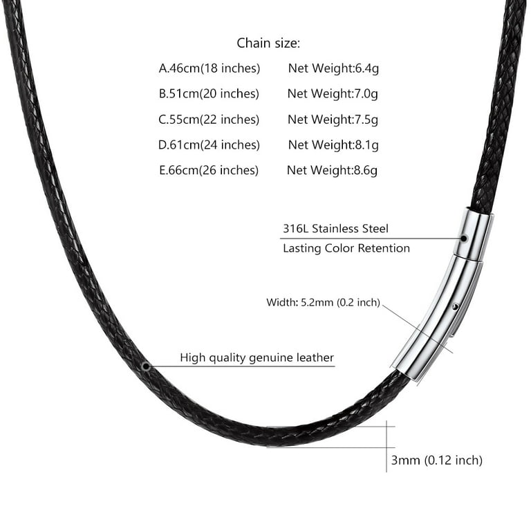 PROSTEEL Black Leather Necklace Cord Rope Chain for Men with Stainless  Steel Clasp 2mm 28