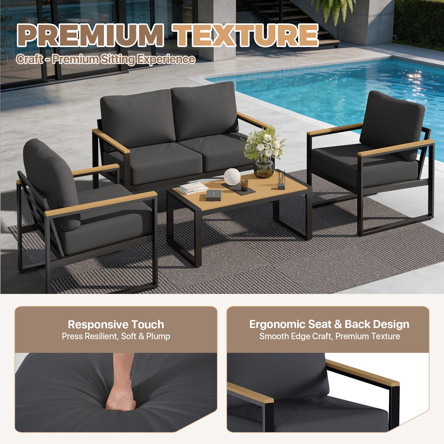 BaPiPro 4PCS Outdoor Exposed Tube Sofa Set, Dark Gray Modern Sturdy Steel Frame & PS Composite Wood Armrest Patio Furniture Set with Coffee Table, All-Weather Removable Washable Polyester Cushions fo