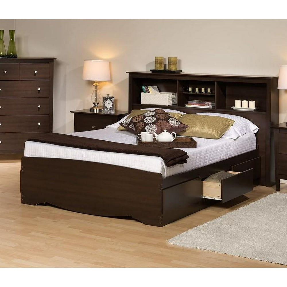 Platform Storage Bed w/ Bookcase HeadboardBed SizeQueen,Color