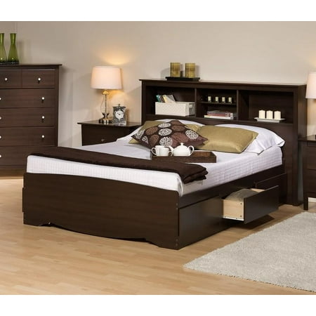 Platform Storage Bed w\/ Bookcase Headboard-Bed Size: Queen, Color: Espresso