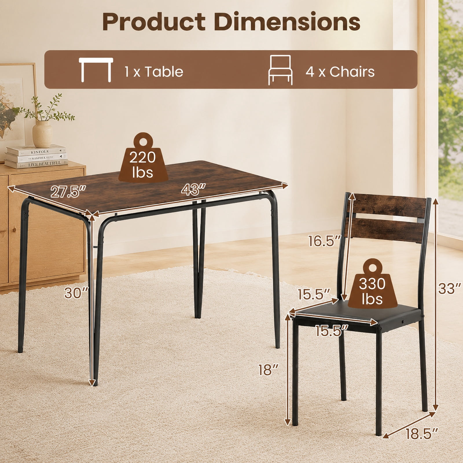 Furnibear 5 Piece Industrial Dining Table Set for 4 with Rectangular Kitchen Table and 4 Armless Upholstered Chairs, Rustic Brown