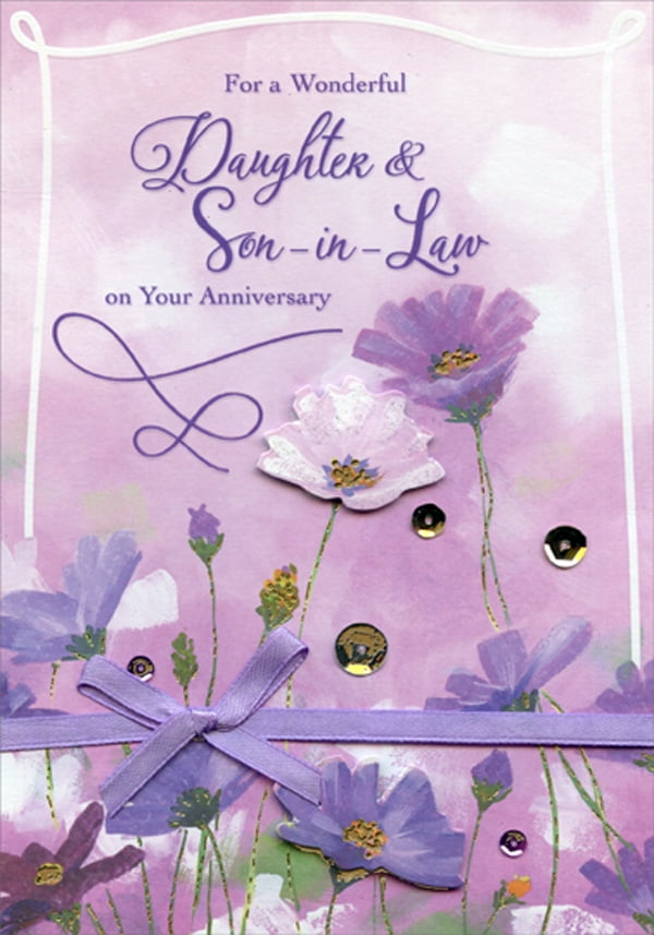 Designer Greetings White, Pink and Purple Die Cut Tip On 3D Flowers, Purple Ribbon, Bow and Sequins Hand Decorated Wedding Anniversary Card for Daughter and Son-in-Law
