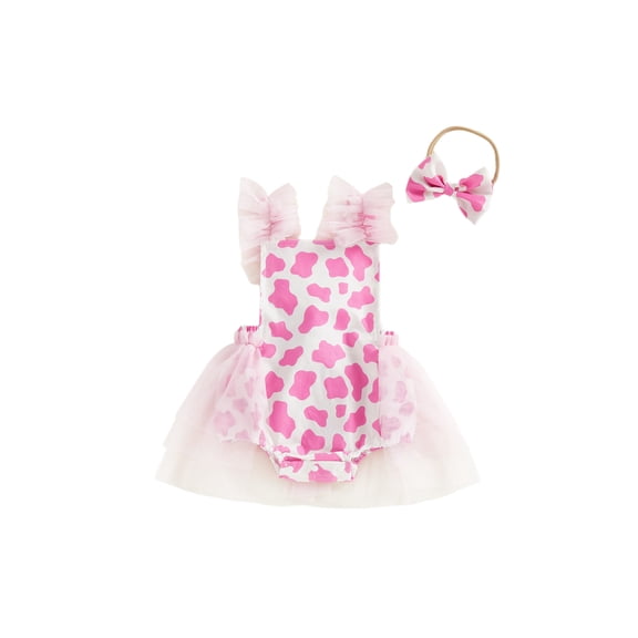BemeyourBBs Western Baby Girl Summer Clothes Cowgirl Outfit Romper Dress Cute Cow Skin Tulle Tutu Dress Ruffle Sleeveless Infant Bodysuits Jumpsuits with Headband