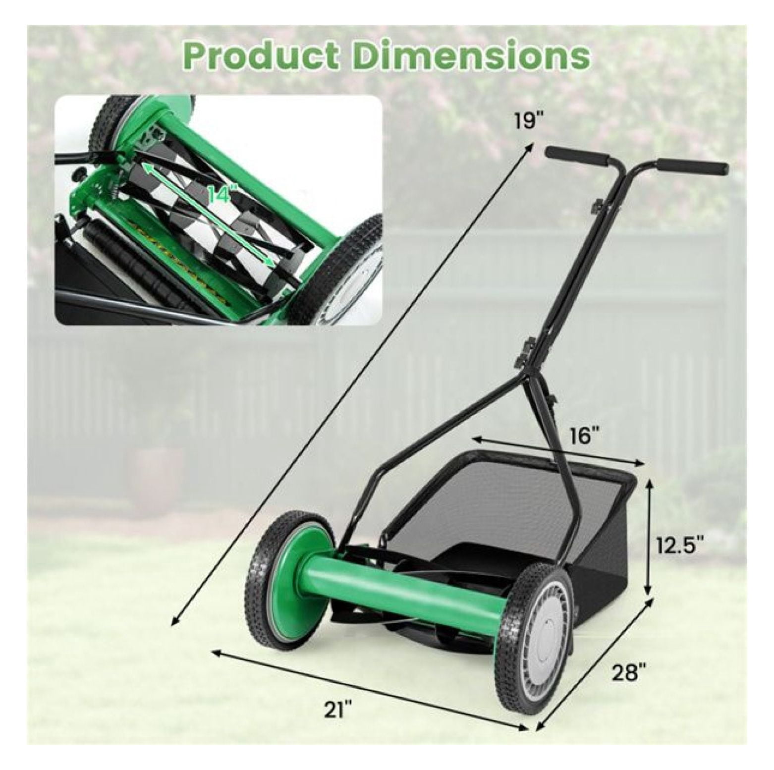 14 Inch Reel Lawn Mower with Grass Catcher - Manual Push Mower, Adjustable Height, 2-in-1 Cutting for Small Lawns, Green