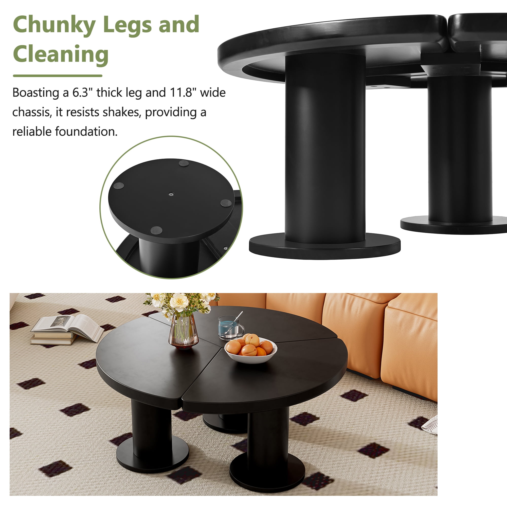 MAYEERTY Φ39.4'' Easy Assembly Round Petal-Shaped Coffee Table, Cream Style Center Table with 3 Thick Legs, Minimalist Irregular End Table with Sleek Round Edges for Living Room, Black