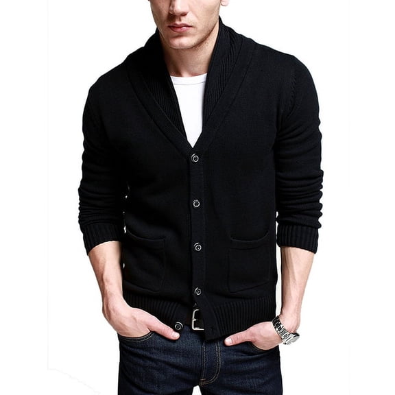 Matchstick Men's V-Neck Shawl Collar Button-up Cardigan Cotton Knitted Sweater with Pockets