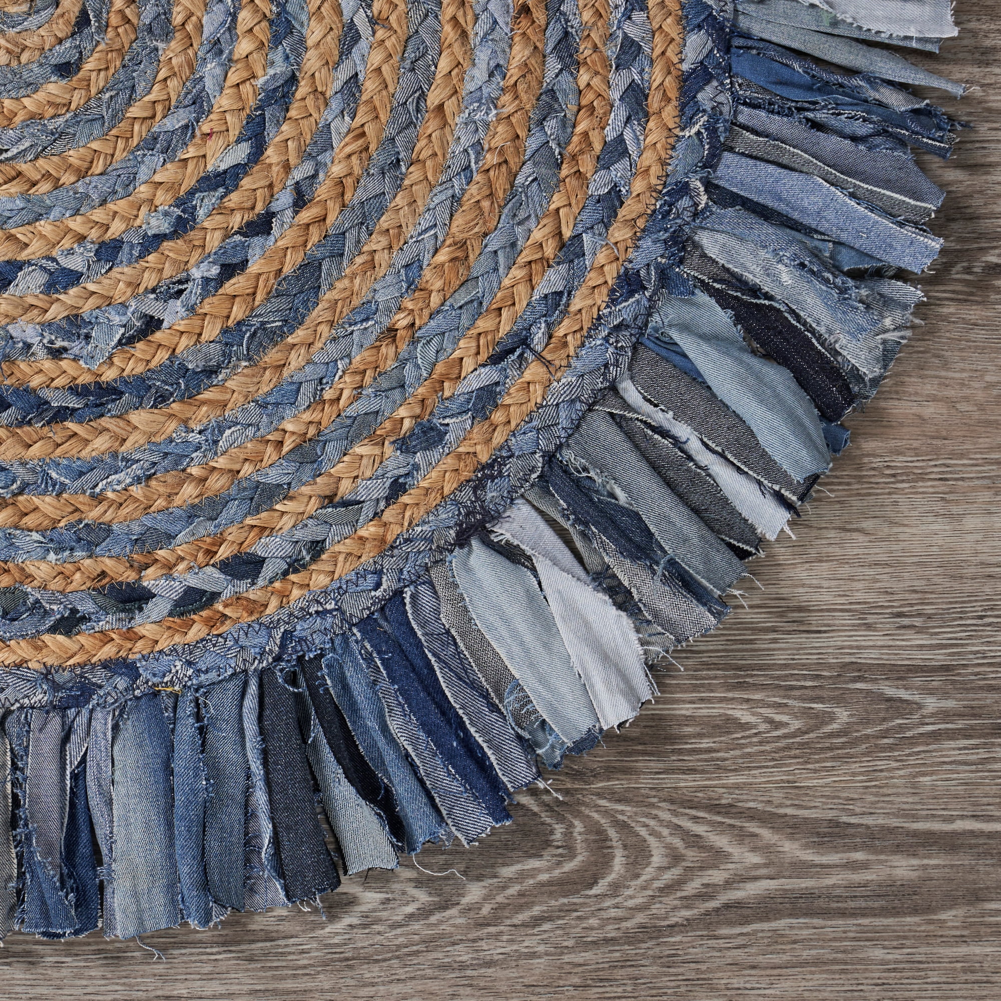 Desert Fields and Evette Rios Cora 5'6" Round Denim Blue Cotton and Jute Striped Fringe Indoor Area Rug