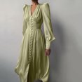 thumbnail image 2 of 2024 Nouvelle Robe en Satin Printemps Design Féminin Manches Lanterne Crantée Slim Tempérament Robe Longue Slim, 2 of 5