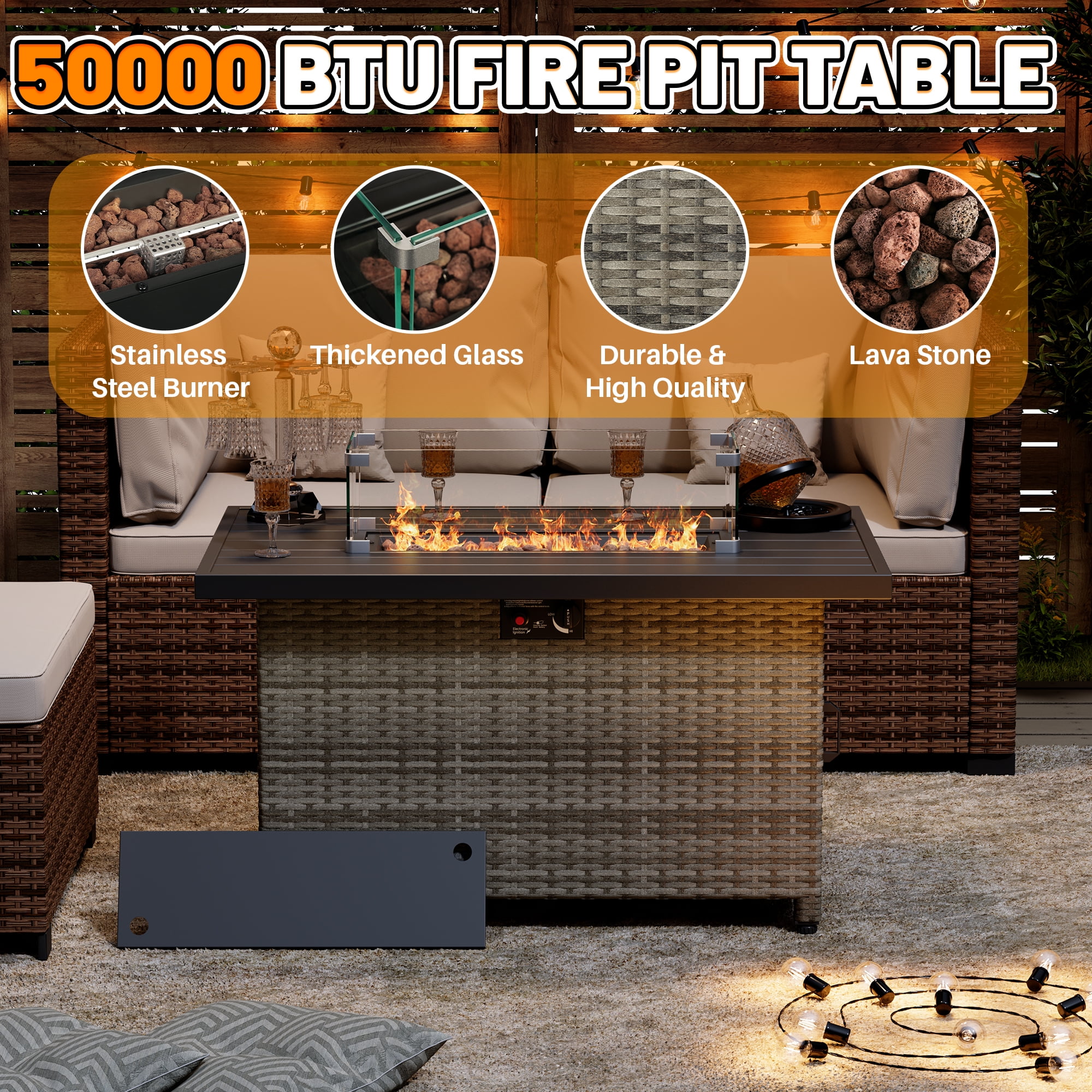 44 Inch Outdoor Wicker Fire Pit Table, 50000 BTU Propane Fire Pits with Glass Wind Guard and Lid, Patio Gas Fire Pit for Outside Patio and Garden(Grey)