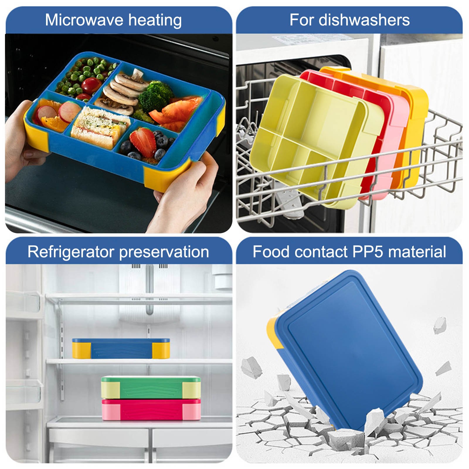 XGXN Lot De 4 Boîtes à Bento Pour Adultes - 5 Compartiments - Réutilisables Avec Couvercles Transparents - Sans BPA - Passent Au Micro-ondes - Blé (vert /bleu/rose/beige