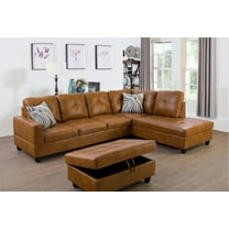 PonLiving Furniture Caramel 103.5'' Sectional Sofa with Storage Ottoman, Right & Left Hand Facing, Leather Upholstered