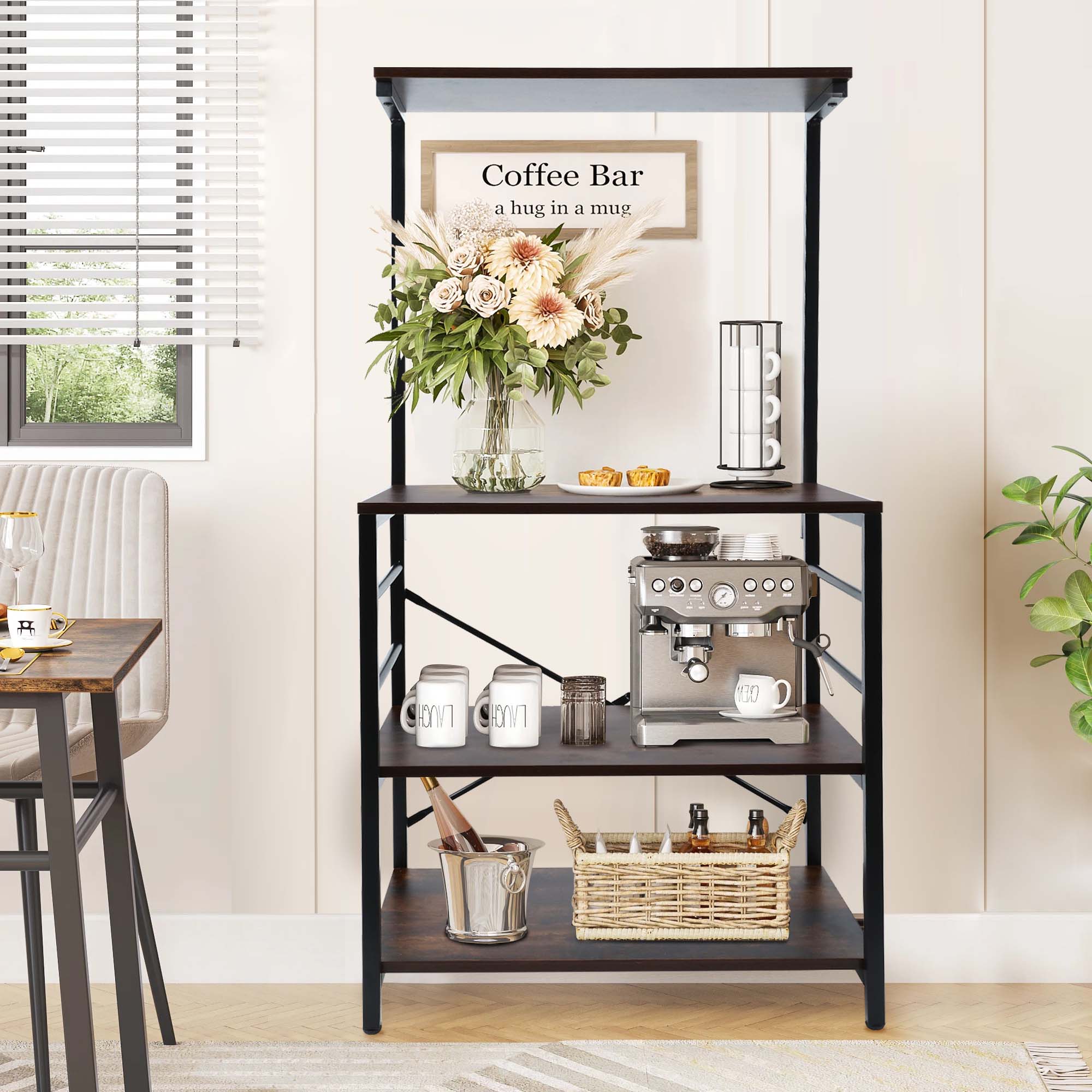 Copedvic Kitchen Bakers Rack Storage Cabinets Microwave Cart Oven Stand Coffee Bar with 6 Hooks 4 Tier Shelves
