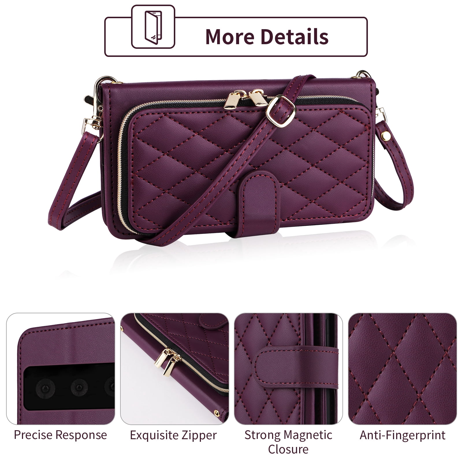 Furiet Wallet Case for Google Pixel 6 with Detachable Wrist/Crossbody Shoulder Strap Card Slot Zipper Purse Luxury PU Leather Card Holder Stand Cell Phone Cover for Pixel6 Pixle Six Women Deep Purple
