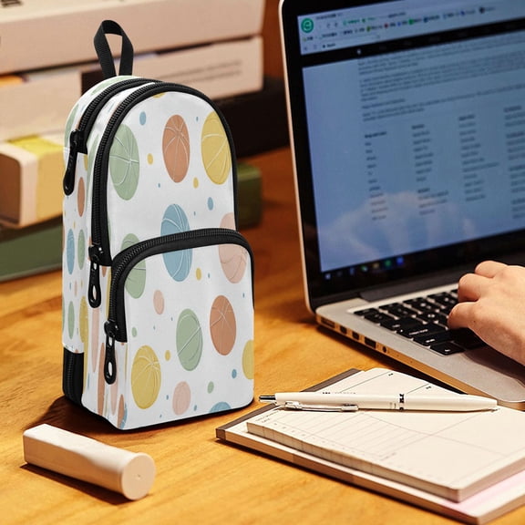 Backpack Pencil Case, 3 Compartment Large Capacity Oxford Fabric Pencil Pouch / Pastel Basketball Doodle Pattern