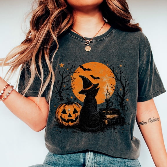 Vintage Black Cat Halloween Shirt, Witch Cat Graphic, Comfort Colors, Spooky Season Outfit, Pumpkin Lover Gift - Black, S