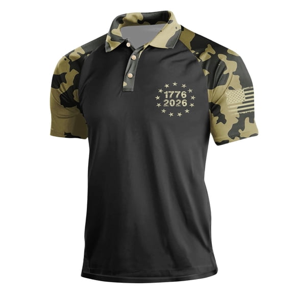 Dresfit Patriotic Camo Shirt Mens Short Sleeve Lapel Polo Shirts 1776 - 2026 250 Anniversary Usa Graphic Tees Patchwork Stars and Stripes 4th Of July Shirts Black S