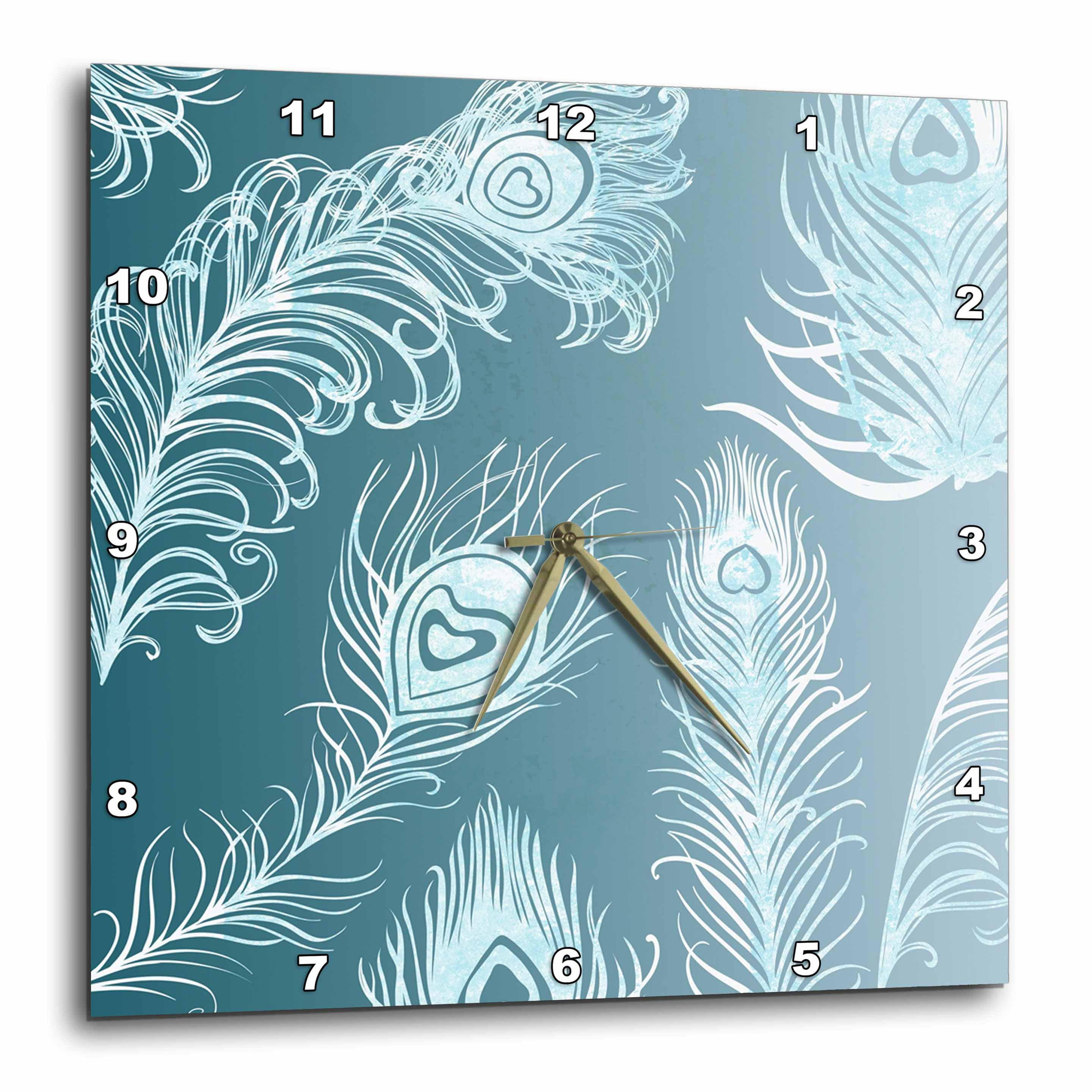 3dRose dpp/_130623/_1 Teal and White Peacock Feathers Wall Clock 10 by 10-Inch