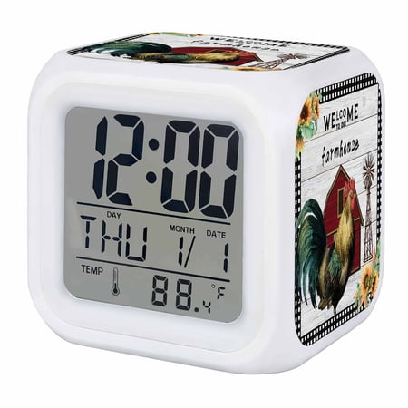 Alarm Clocks Farmhouse Chicken Digital Clock 7 Color LED Night Light Silent Non-Ticking Battery Operated Sunflower Barn Windmill Plaid Retro Wood Cube Clocks for Bedroom Bedside Living Room Office