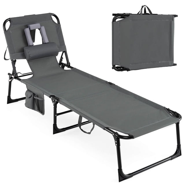 Costway Chaise de Bronzage, Chaise Longue Portable avec Dossier Réglable à 4 Positions Gris