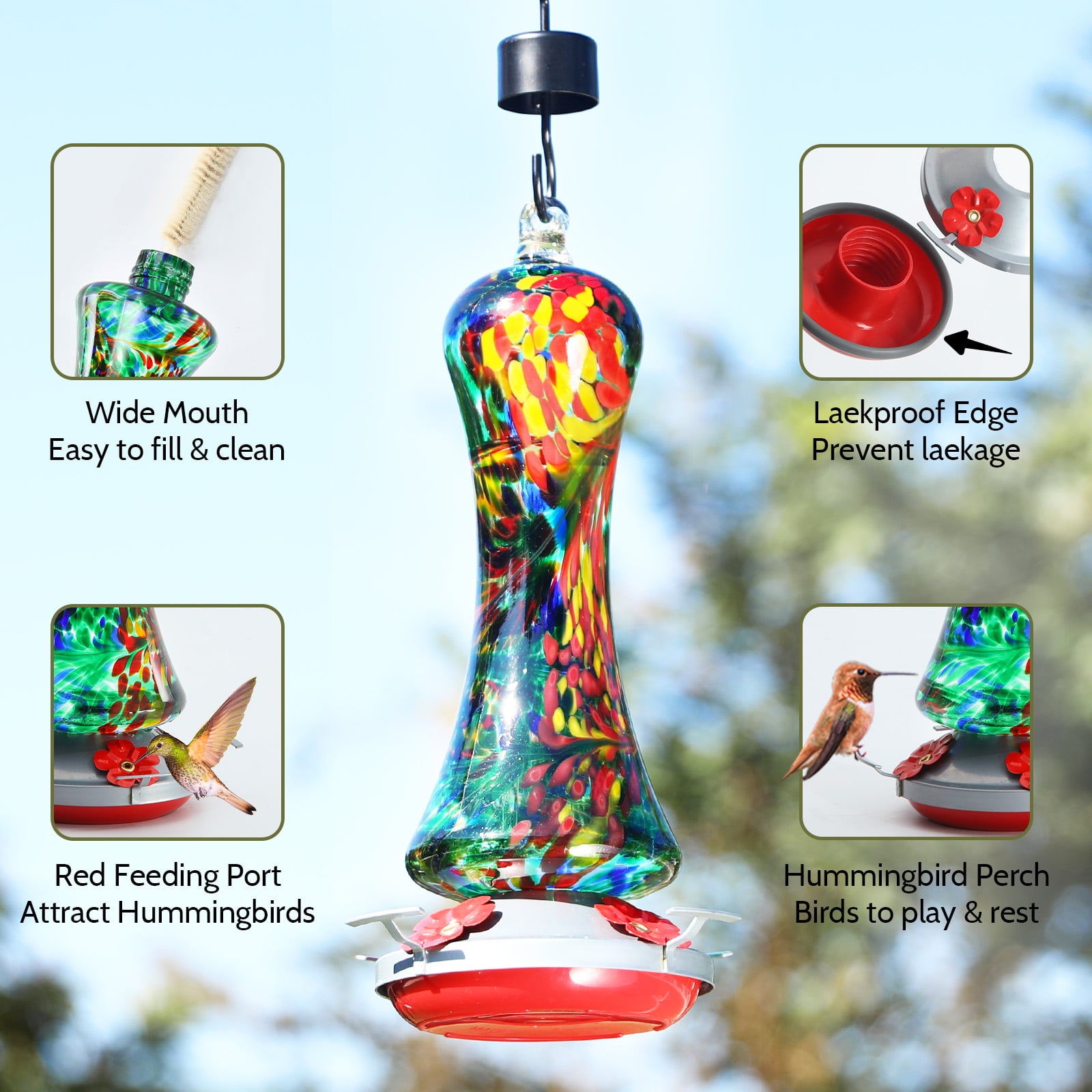 Birdkiss Hand-Blown Glass Hummingbird Feeder 16 oz for Garden Backyard Patio Decor with Ant Moat, Leak Proof & Rustproof, 5 Feeding Ports & 5 Perches