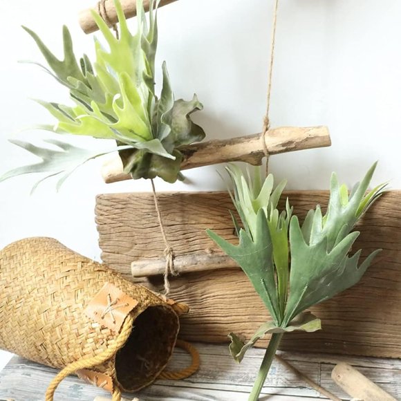 shiyou-2Pcs Artificial Staghorn Fern Realistic Fake Flocked Succulent Plants Green Potted Plant Indoor Outdoor Wall Hanging Decor