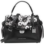 NWT Michael Kors Leather Bristol Embellish Floral Satchel, Black, White, Silver