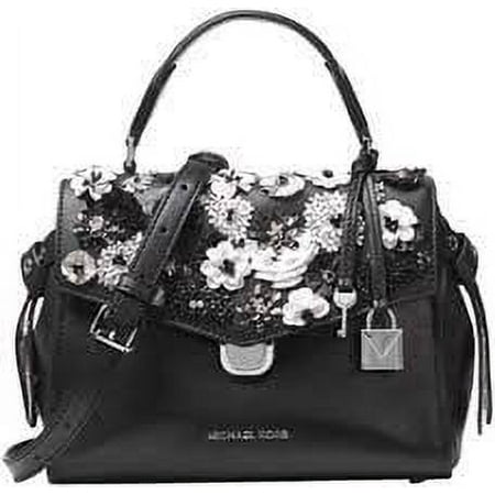 NWT Michael Kors Leather Bristol Embellish Floral Satchel, Black, White, Silver