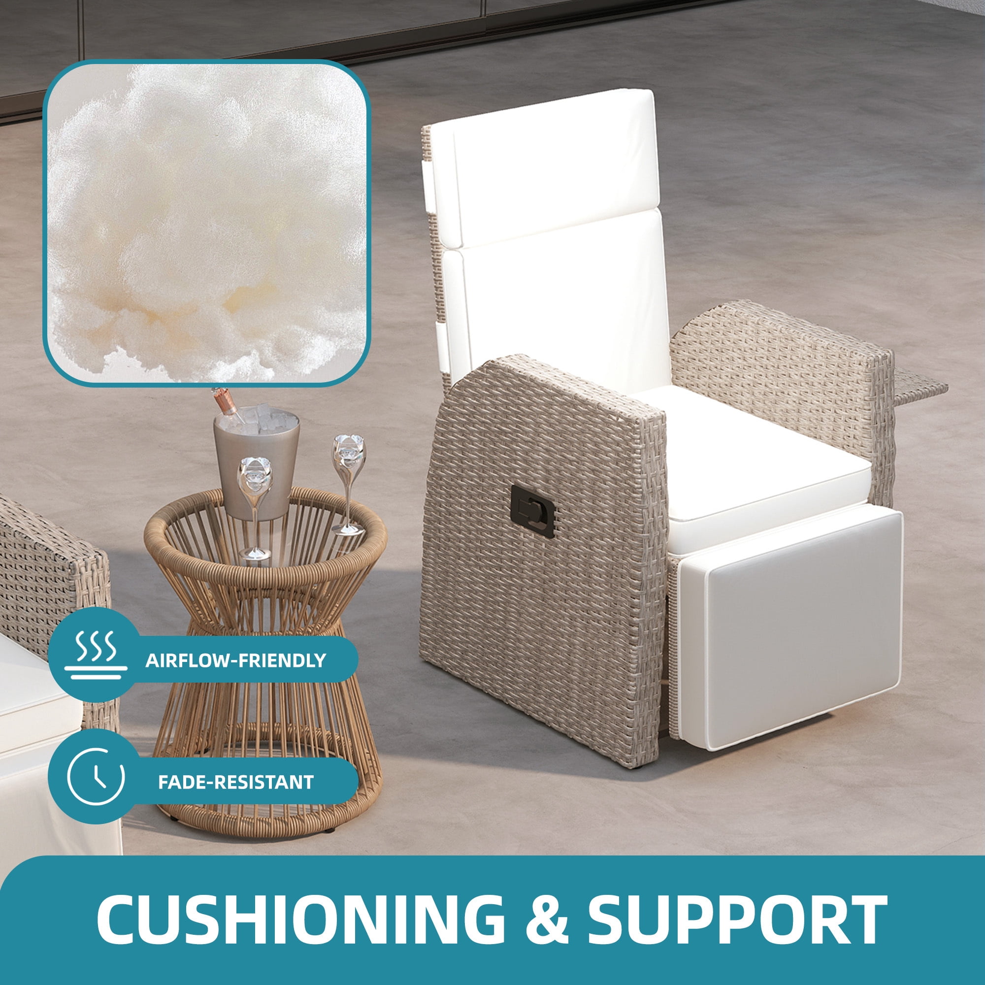 Uforic Beige Adjustable Outdoor Lounge Chair, Wicker Patio Recliner with Adjustable Angles, Side Flip Table and Thick Soft Cushion, Perfect for Deck, Backyard, Poolside and Outdoor Relaxation
