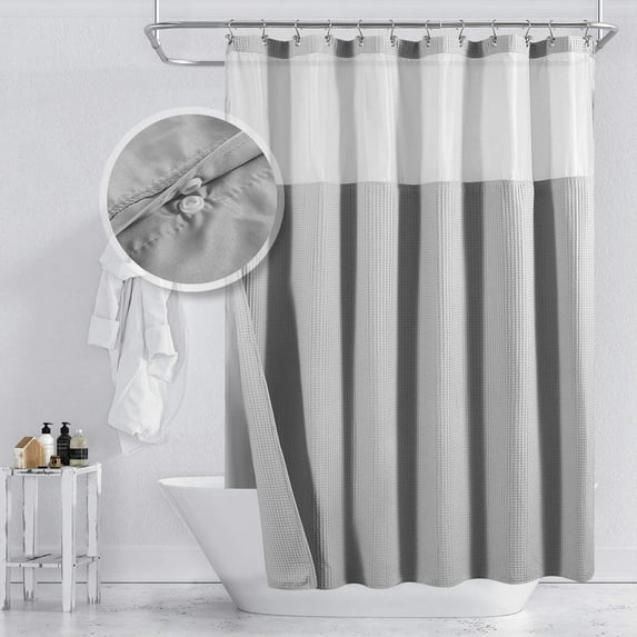 Hotel Style Shower Curtain with Snap-in Fabric Liner, 180" x 70" for Clawfoot Tub, Wrap Around & Mesh Window Top - Honeycomb Waffle Weave Cotton Blend Fabric, Washable, White, 180x70 Inches