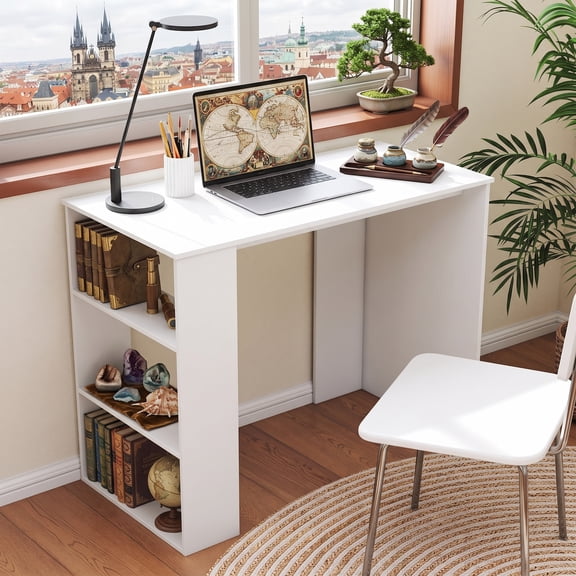 35.5" Modern Computer Desk with Bookshelf,Home Office Desk Study Desk Writing Desk for Small Space, White
