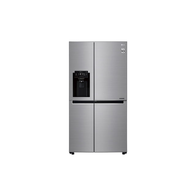 refri 22 pies silver con dispe s s lg lg gs65sdpk door-in-door smart-plateado Refrigerador LG plateado 22 pies cúbicos vista frontal, diseño side-by-side de cuatro puertas; puerta Door-in-Door en el sector superior derecho, dispensador de agua y hielo con panel digital en la puerta izquierda, panel compatible con ThinQ y compresor Smart Inverter, acabado acero cepillado, iluminación LED y parrillas de cristal templado. A menudo se usa para acceder rápidamente a alimentos frecuentes sin abrir toda la puerta.