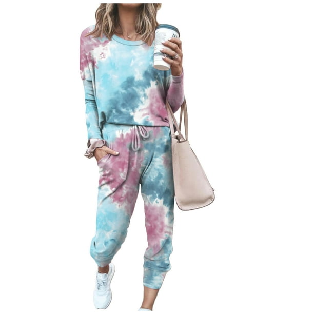 Selfieee - Selfieee Women's Tie Dye Sweatsuit Twist Crop Top Drawstring Sweatpants with Pockets