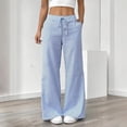 thumbnail image 3 of Tbopshirt Women Striped Linen Blend Wide Leg Pants Elastic Drawstring Lace-Up High Waist Pull On Trousers with Pockets for Summer Beach Casual,Sky Blue,Size:S-XXL, 3 of 8