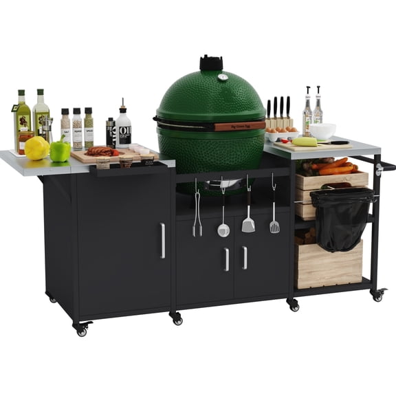 82.5L Outdoor Grill Station for Big Green Egg, Heavy Duty Grill Cart for Kamado Joe Big Joe & Tabletop Griddle, Mobile BBQ Island with Weatherproof Cover