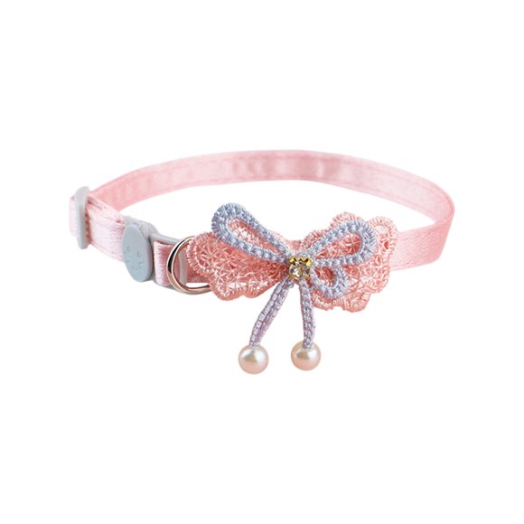 A Adjustable Cat Collar With Bell Pink Lace Bow Beaded Decoration Soft Kitten Necklace For Small Pets Safety Buckle 8-12 Inches Style A