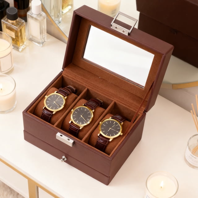 Vitrina Para Reloj Con Ranura Y 3 Ranuras, Organizador De Almacenamiento De Reloj De Cuero PU De Doble Capa Con Parte Superior Transparente, Color Marrón