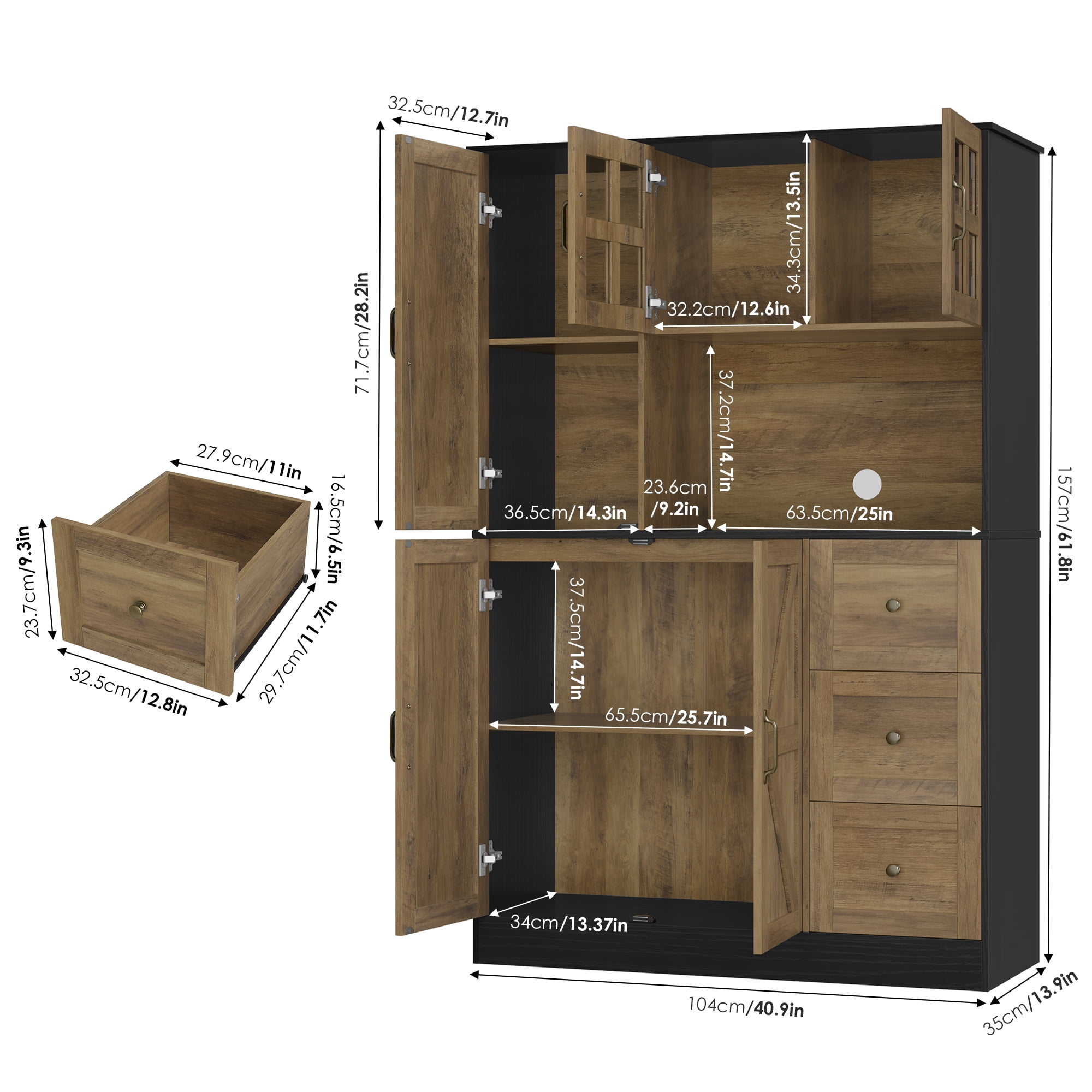 Homfa 62″ Farmhouse Pantry Cabinet with Microwave Shelf, Kitchen Hutch with Adjustable Shelves, 5-doors Freestanding Cupboard for Living Dining Room, Oak