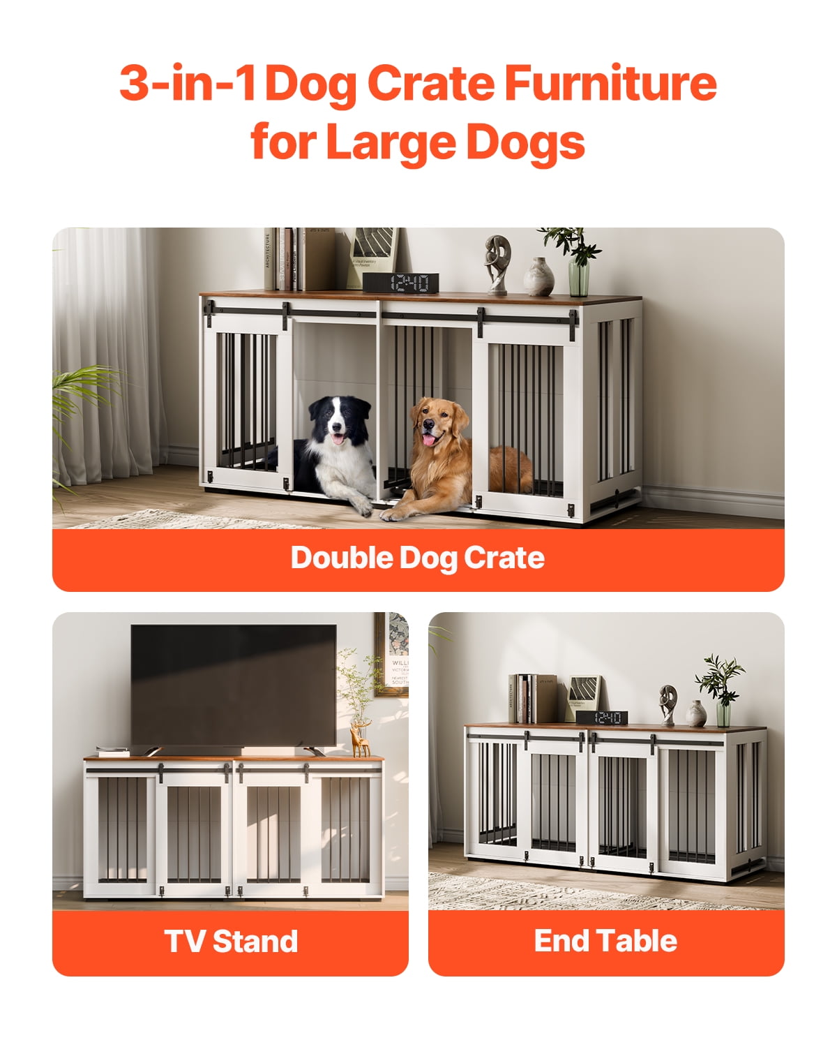 VEVOR 72"Dog Crate Furniture for 2Dogs,Double Dog Crate Furniture with Double Sliding Doors,Large Dog Crate TV Stand with Removable Tray,Steel Frame Double Dog Crate for Small,Medium,Large Dogs White