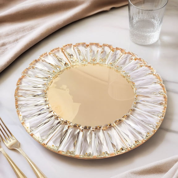 Efavormart 2 Pack Crystal Pendant Metal Charger Plates – 14" Round Gold Mirror Glass Decorative Table Chargers