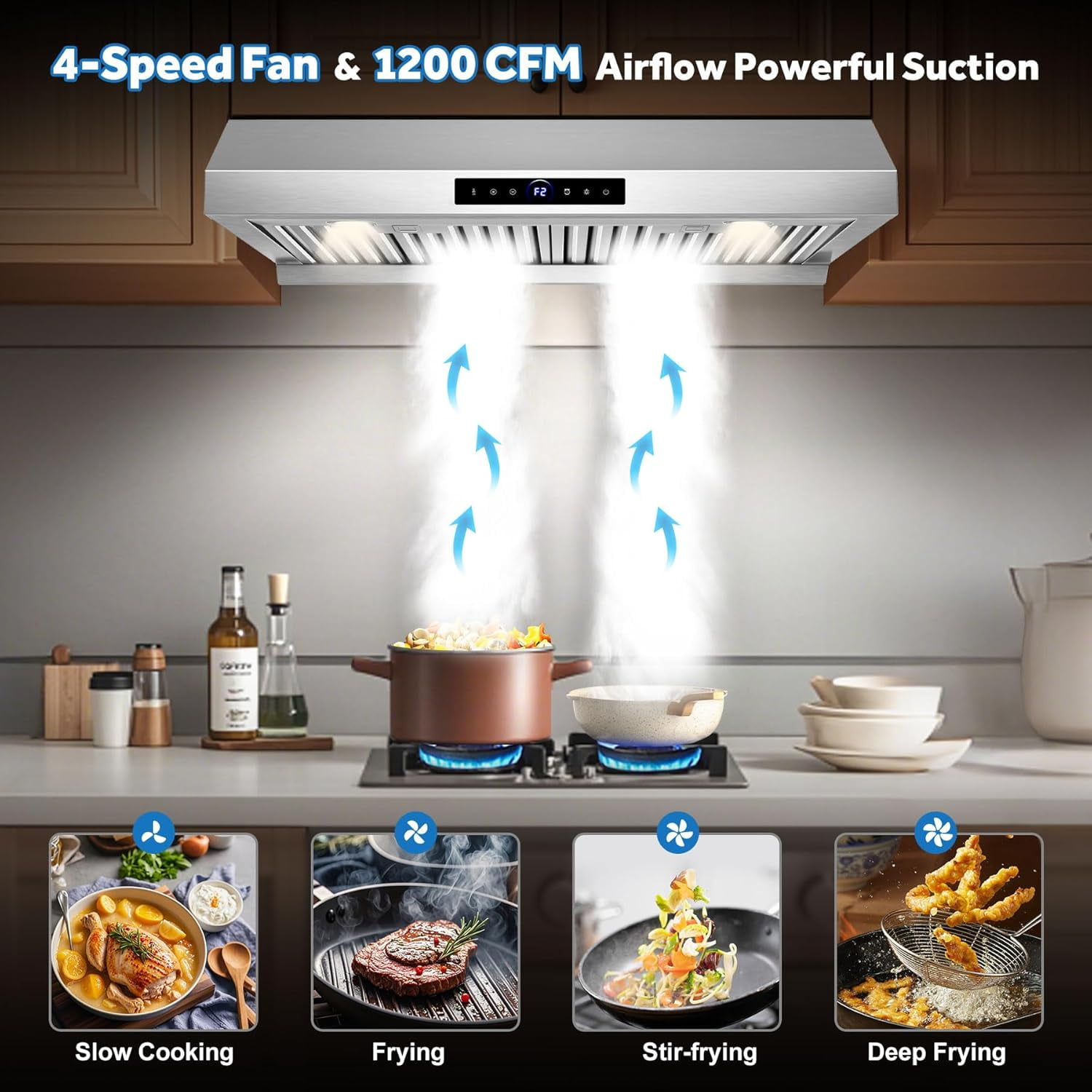 Sunmaki 36 inch Range Hood Under Cabinet 750CFM CFM with 4-Speed Gesture Sensing & Touch Control, Stainless Steel Kitchen Stove Vent Hoods with 2 LED Lights, Time Setting